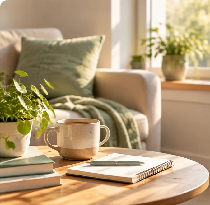 A calm, sunlit living room with a mug, notebook and plant on a wooden table in front of a soft sofa