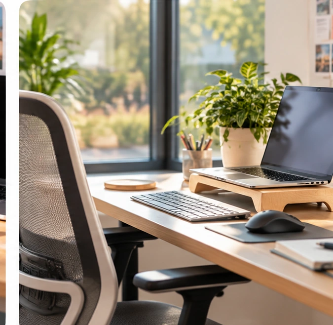 A bright office desk with a supportive chair, a raised laptop stand, keyboard and mouse